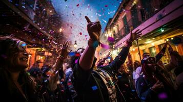 confetti en slingers regen naar beneden Aan drukte foto