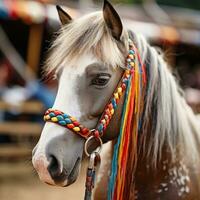 detailopname van een hobby paard met een kleurrijk manen en teugels foto