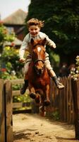 een jongen jumping over- een horde met zijn hobby paard foto