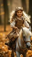 een meisje rijden een hobby paard door een Woud foto