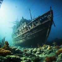 griezelig schipbreuk resting Aan de oceaan vloer, omringd door marinier leven foto