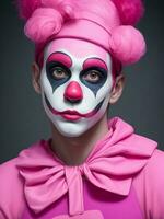 mime Mens rood, geel, groente, roze, blauw en kleurrijk verf gezicht sportief ventilator clown circus portret kunst, ai gegenereerd foto
