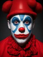 mime Mens rood, geel, groente, roze, blauw en kleurrijk verf gezicht sportief ventilator clown circus portret kunst, ai gegenereerd foto