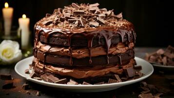 torenhoog chocola toffees taart met chocola glimmertjes en chocola krullen foto