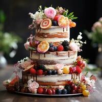 rustiek taart met vers fruit en bloemen foto