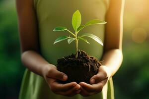 ai gegenereerd hand- kinderen Holding jong fabriek met zonlicht Aan groen natuur achtergrond. concept eco aarde dag foto