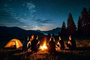 ai gegenereerd avond zomer camping, net Woud Aan achtergrond, lucht met vallend sterren en melkachtig manier. groep van vijf vrienden zittend samen in de omgeving van kampvuur in bergen foto