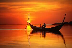 schoonheid van een gouden zonsondergang Aan een stil strand, met warm kleuren weerspiegeld in de kalmte wateren, ai gegenereerd foto