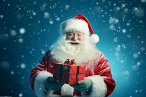 gelukkig de kerstman claus opening Kerstmis geschenk doos over- besneeuwd blauw achtergrond met kopiëren ruimte ruimte. ai gegenereerd foto