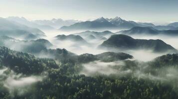 mooi berg landschap met Woud en mist generatief ai, ai gegenereerd foto