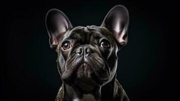 Frans bulldog portret Aan zwart achtergrond generatief ai, ai gegenereerd foto