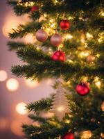 Kerstmis boom versierd met gloeiend rood ballen dichtbij omhoog ai generatief foto