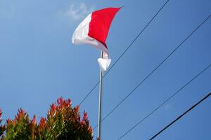 de rood en wit Indonesisch vlag is vliegend tegen een achtergrond van blauw lucht en kabels foto