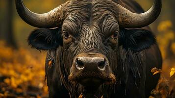 detailopname foto van een buffel op zoek ieder richting. generatief ai