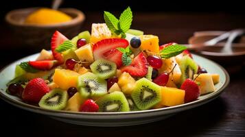 foto van tropisch fruit salade met honing-limoen dressing net zo een schotel in een hoogwaardig restaurant. generatief ai