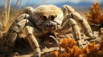 detailopname foto van een woestijn tarantula op zoek ieder richting in de woestijn. generatief ai