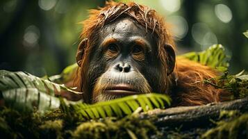detailopname foto van een orangoetan op zoek ieder richting Aan oerwoud. generatief ai