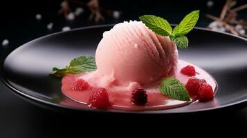 foto van lychee sorbet net zo een schotel in een hoogwaardig restaurant. generatief ai