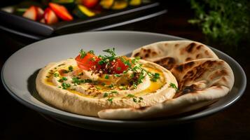 foto van pita en hummus net zo een schotel in een hoogwaardig restaurant. generatief ai