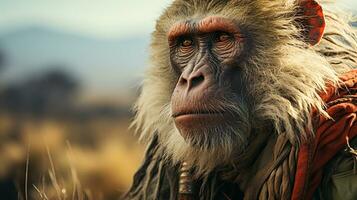 detailopname foto van een baviaan op zoek ieder richting. generatief ai