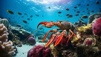 foto van kreeft met divers vis tussen gezond koraal riffen in de blauw oceaan. generatief ai