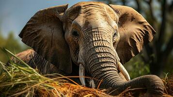 detailopname foto van een Afrikaanse olifant op zoek ieder richting Aan oerwoud. generatief ai