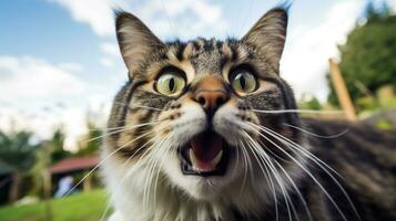 detailopname foto van een grappig geschokt Noors Woud kat plakken uit zijn tong. generatief ai