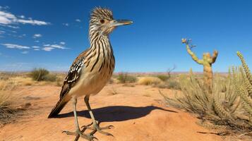 foto van een roadrunner in een woestijn met blauw lucht. generatief ai