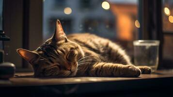 foto van kat slapen Aan de tafel in voorkant van de venster. generatief ai