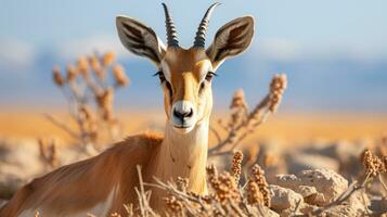 detailopname foto van een zand gazelle op zoek ieder richting in de woestijn. generatief ai