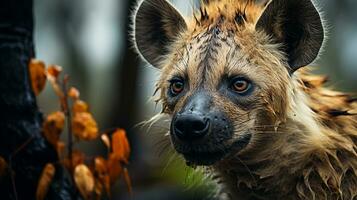 detailopname foto van een hyena op zoek ieder richting Aan oerwoud. generatief ai