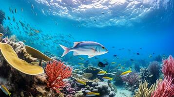 foto van röntgenstraal tetra vis met divers vis tussen gezond koraal riffen in de blauw oceaan. generatief ai