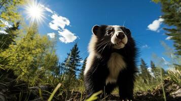 foto van stinkdier in ther Woud met blauw lucht. generatief ai