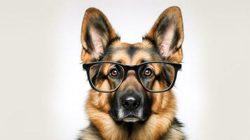foto van een Duitse herder hond gebruik makend van bril geïsoleerd Aan wit achtergrond. generatief ai