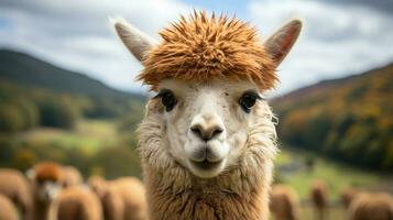 detailopname foto van een alpaca op zoek ieder richting. generatief ai