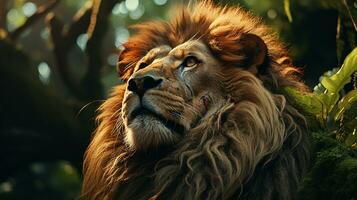 detailopname foto van een leeuw op zoek ieder richting Aan oerwoud. generatief ai