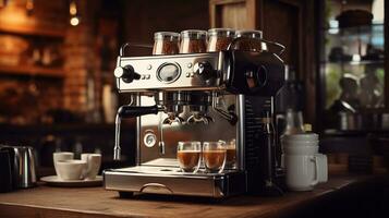 foto van koffie maker machine Aan barista tafel in knus caffe