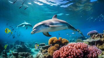 foto van dolfijn met divers vis tussen gezond koraal riffen in de blauw oceaan. generatief ai