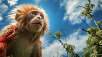 foto van uakari aap in ther Woud met blauw lucht. generatief ai