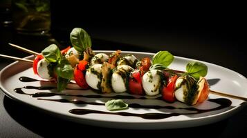 foto van caprese spiesjes net zo een schotel in een hoogwaardig restaurant. generatief ai