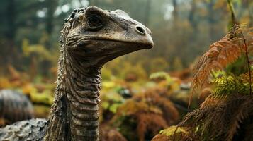 detailopname foto van een brontosaurus op zoek in hun leefgebied. generatief ai