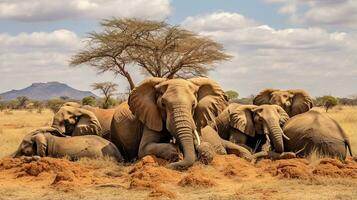 foto van een kudde van olifant resting in een Open Oppervlakte Aan de savanne. generatief ai