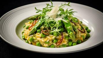 foto van voorjaar groente risotto net zo een schotel in een hoogwaardig restaurant. generatief ai