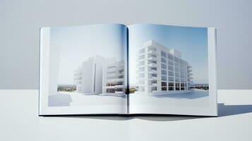 Open tijdschrift met modern en minimalistische gebouw en blauw lucht. 3d weergave. foto