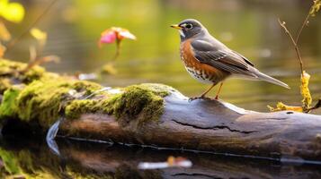 foto van een Amerikaans Robin staand Aan een gedaald boom Afdeling Bij ochtend-