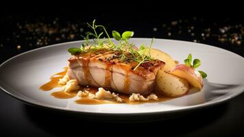 foto van varkensvlees lendenen met appel saus net zo een schotel in een hoogwaardig restaurant. generatief ai