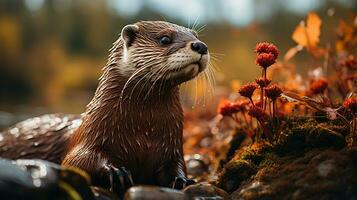 detailopname foto van een Otter op zoek ieder richting. generatief ai