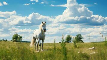 foto van een paard in de landbouwgrond. generatief ai