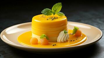foto van mango mousse net zo een schotel in een hoogwaardig restaurant. generatief ai