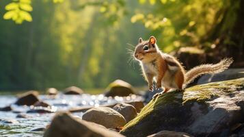 detailopname foto van een chipmunk op zoek in hun leefgebied. generatief ai